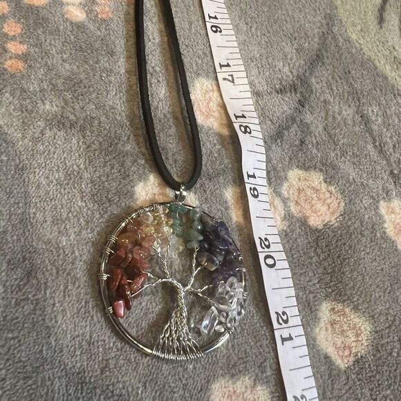 Natural Gemstone Tree Of Life Necklace Leather Chakra Healing Wire Wrap - Picture 4 of 8